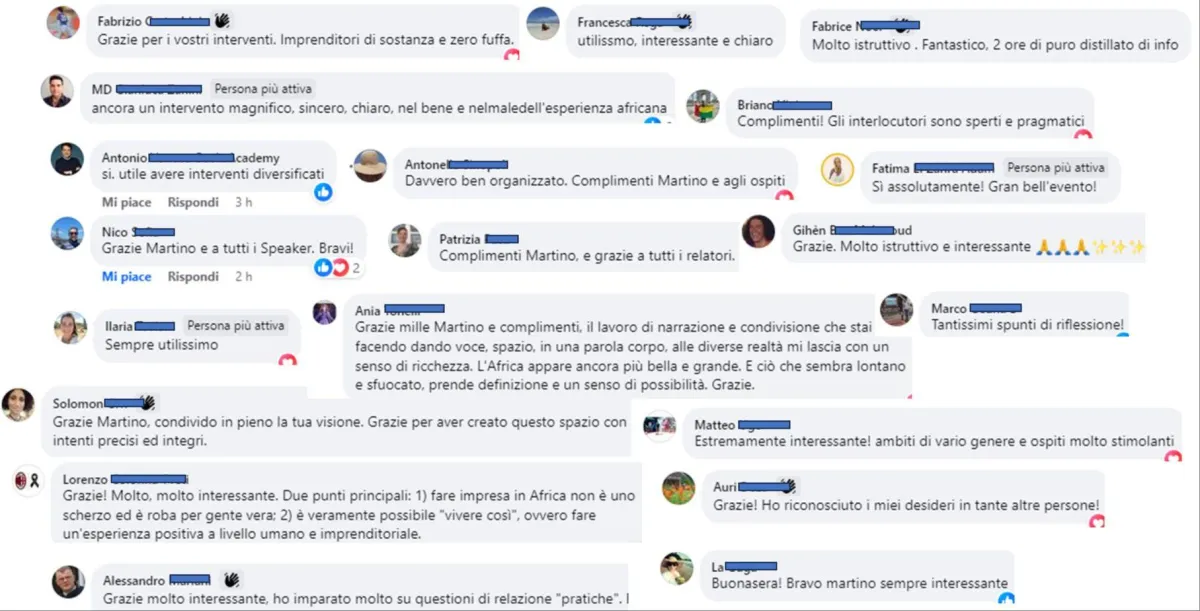 Commenti reali dei partecipanti dopo un evento, con cognomi oscurati